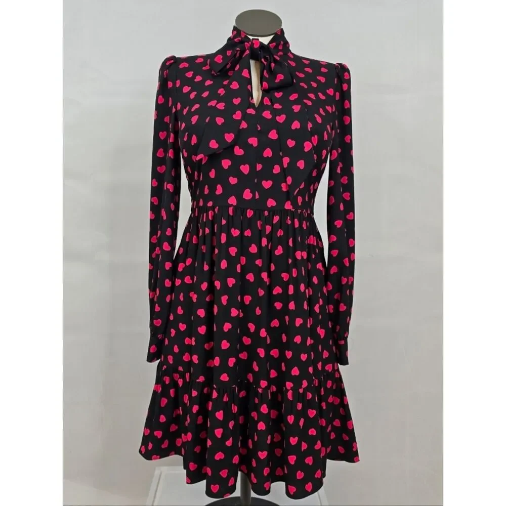 Kate Spade New York Black Pink Heart Print Tie Neck Dress Size 8
