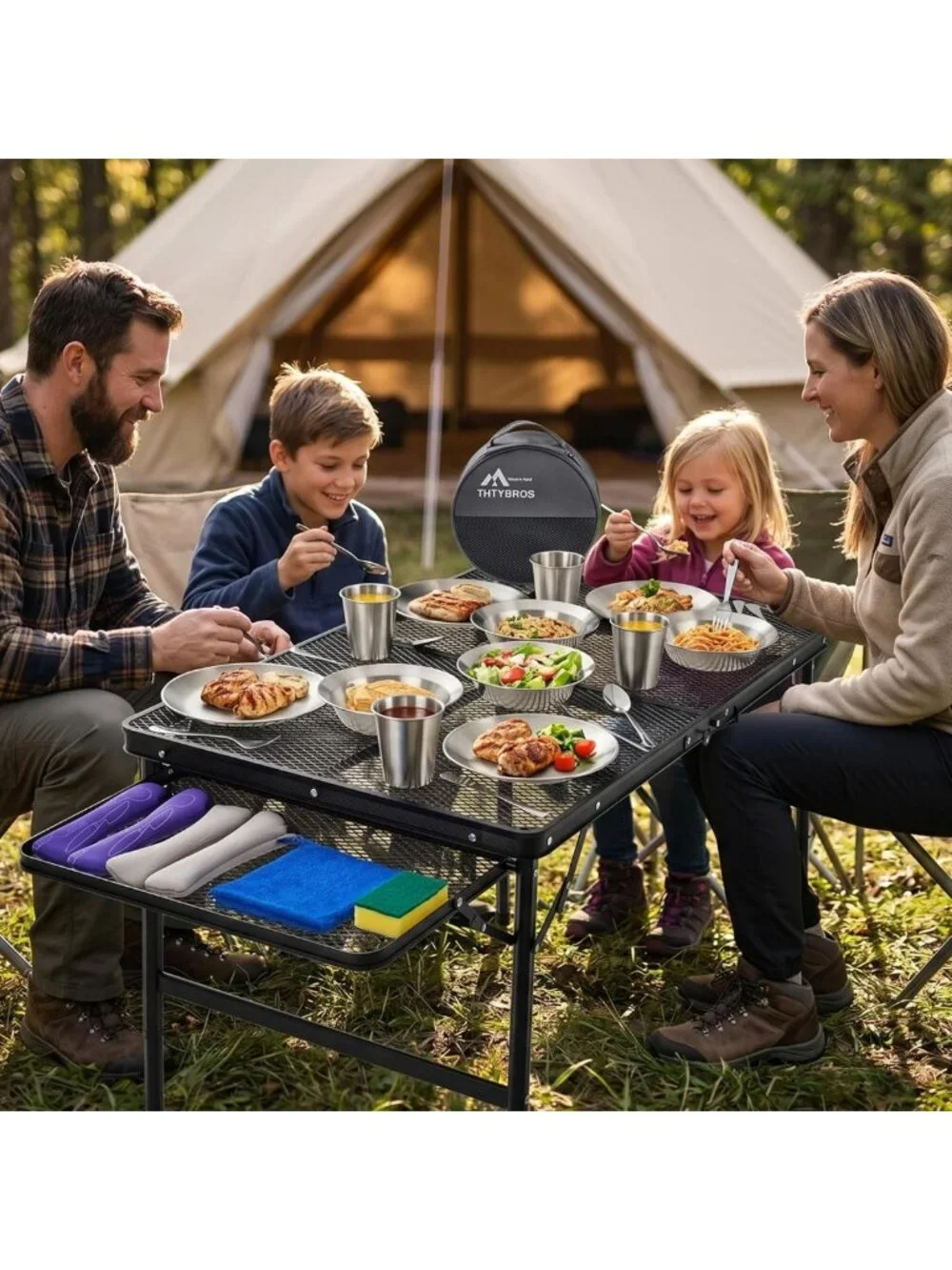 All-in-One Stainless Steel Camping Cookware Set for 1-4, Mess Kit with Plates
