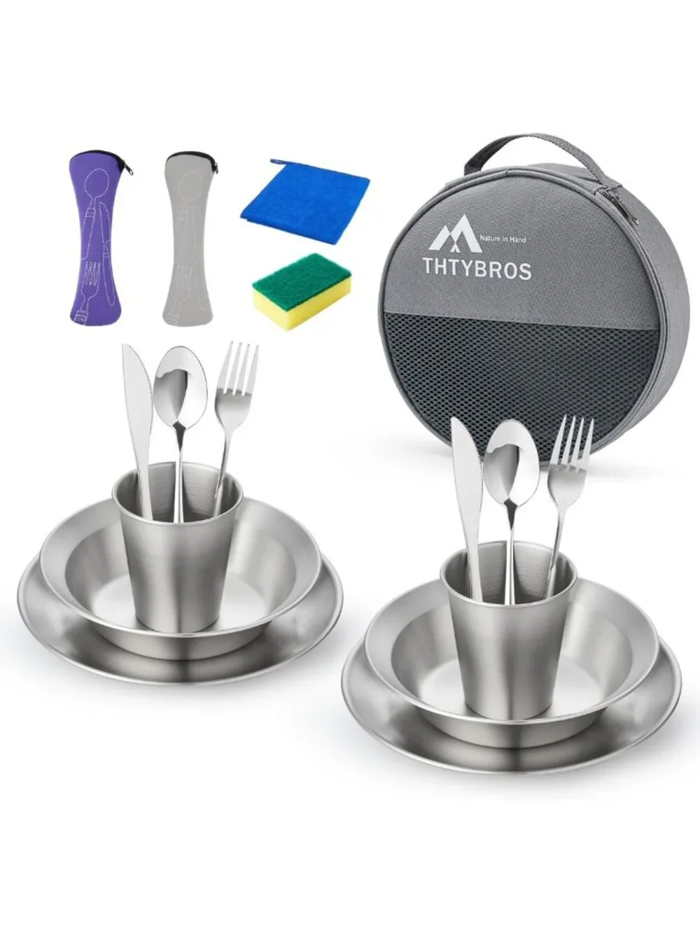 All-in-One Stainless Steel Camping Cookware Set for 1-4, Plates, Bowls, Cutlery
