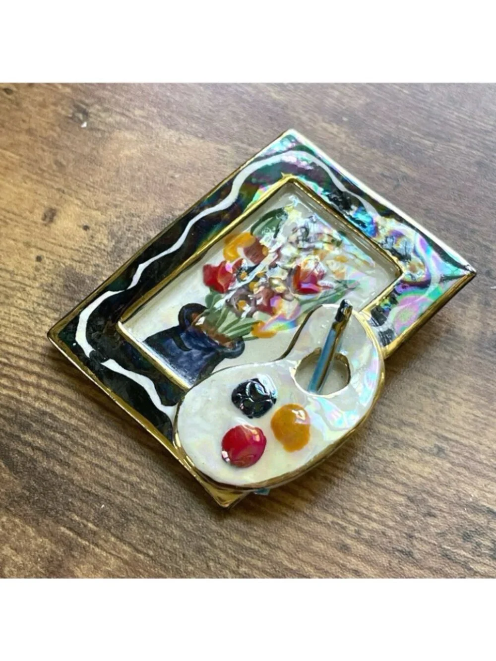 Vintage Artisan Ceramic Brooch Framed Floral Artist Painter Palette Pop Art Pin