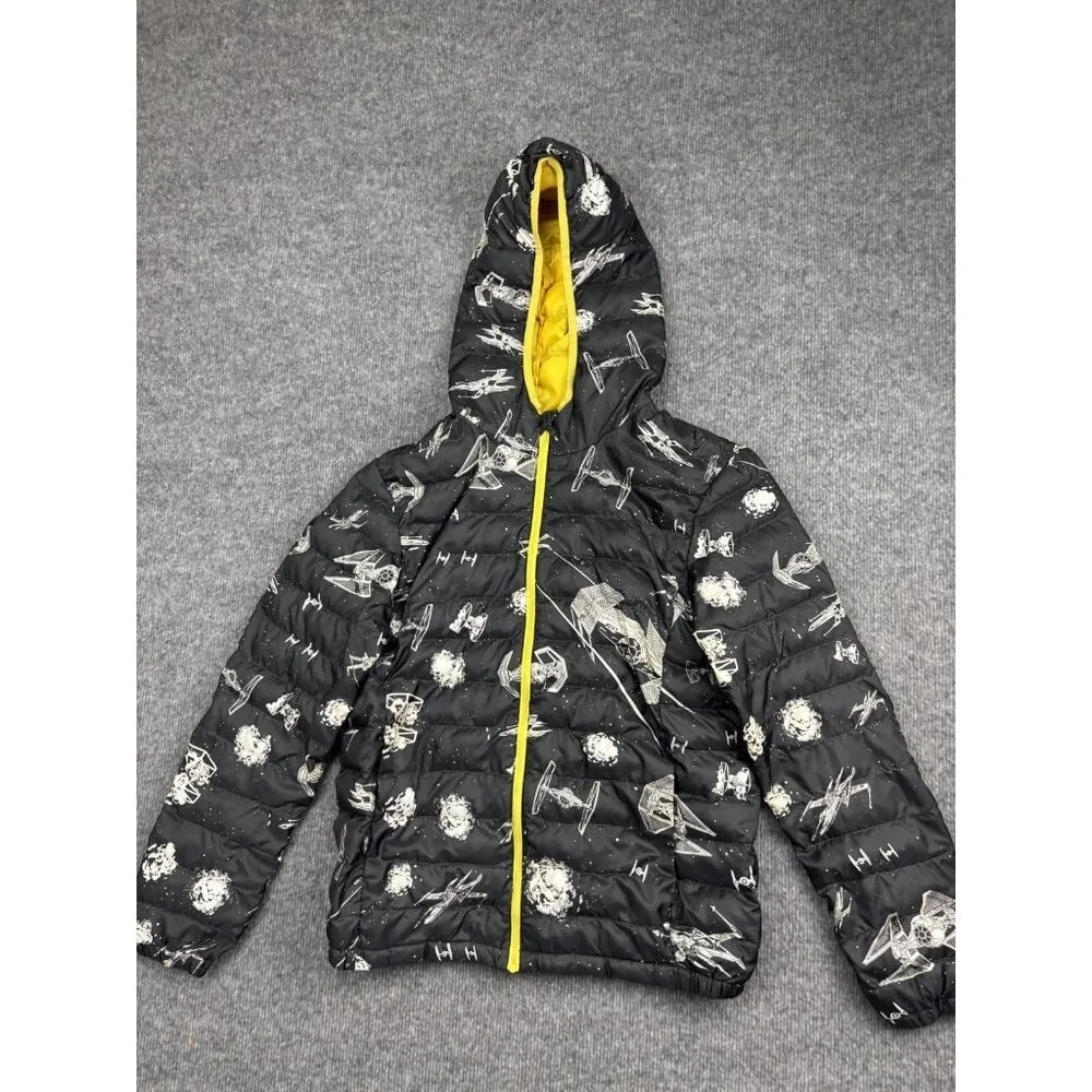 Uniqlo Star Wars Jacket Kids 12 Black Hooded Puffer Full Zip Yellow Lining‎