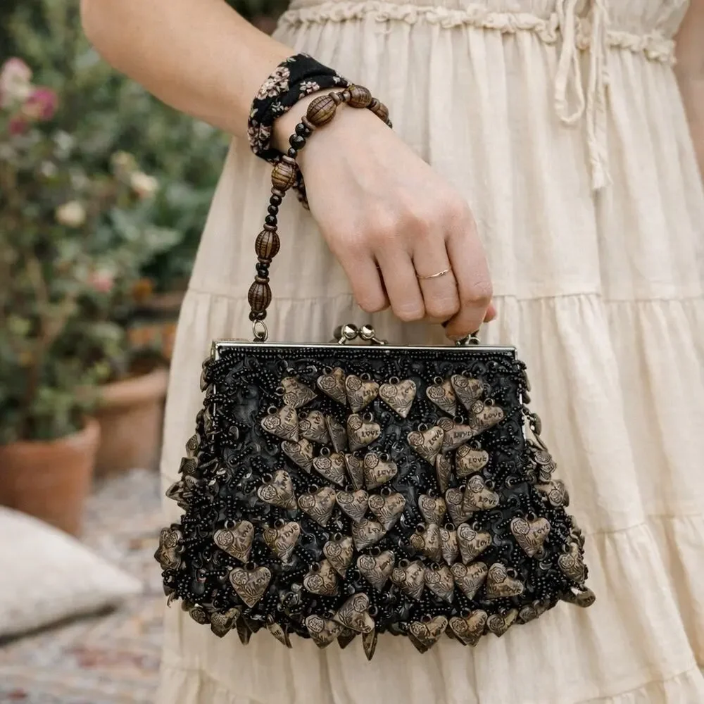 Vintage 80's Love Heart Beaded Kiss Lock Evening Bag
