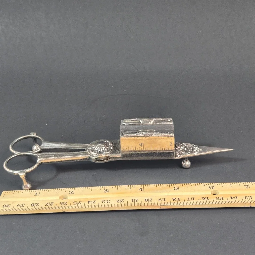 Antique Silver Tone Candle Snuffer Wick Trimmer Scissor Ornate Floral Victorian