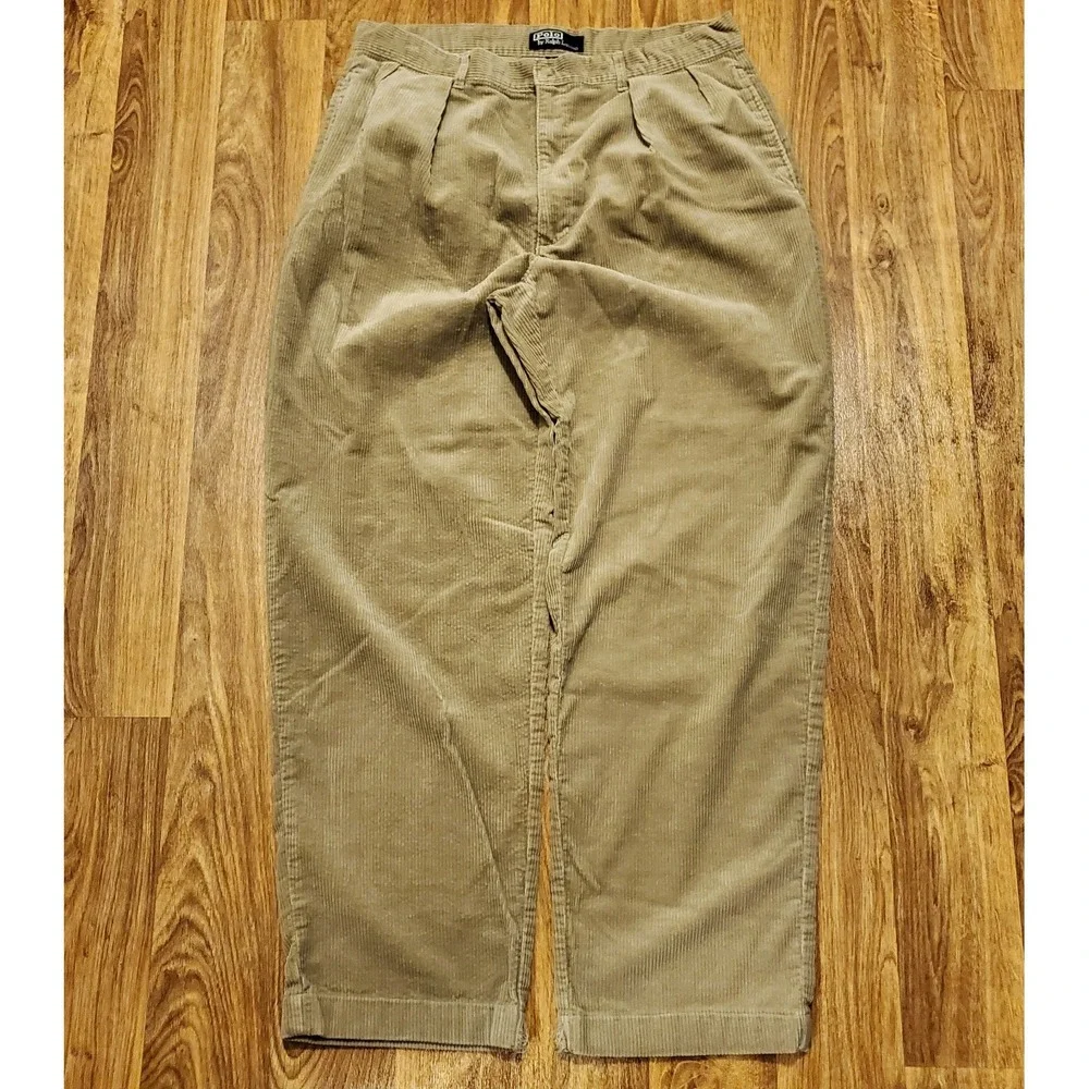 Vintage Polo Corduroy Pants Men 36x34 Brown‎ Pleated Straight Fit Baggy 90s