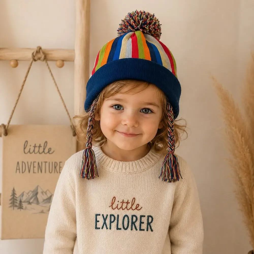 Hanna Anderson Navy Muti Color Pom  Pom Winter Hat Small