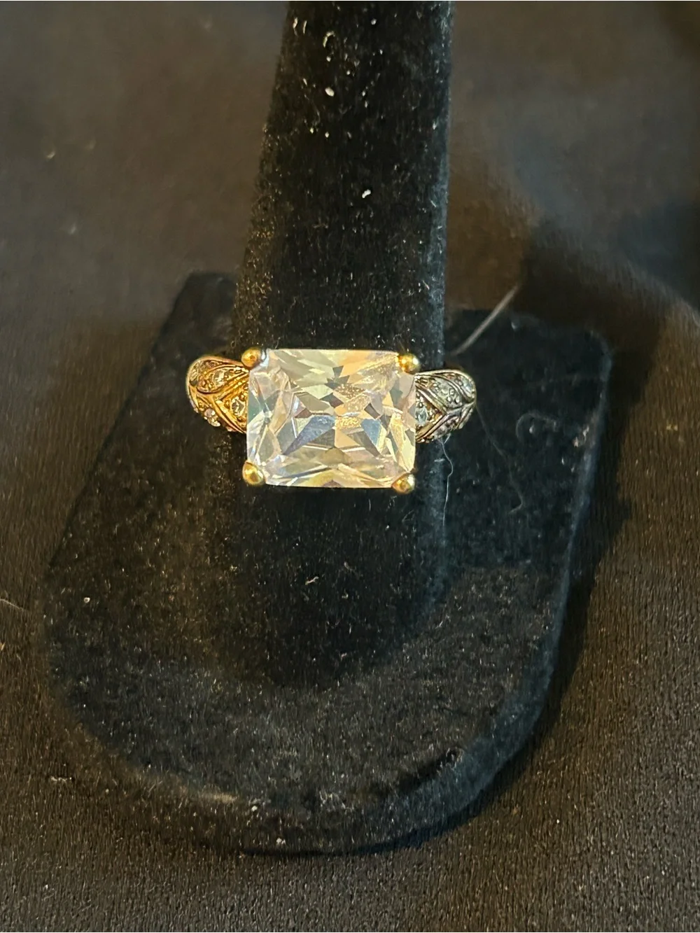 Gold Tone Clear Square Solitaire Ring with Accent Stones