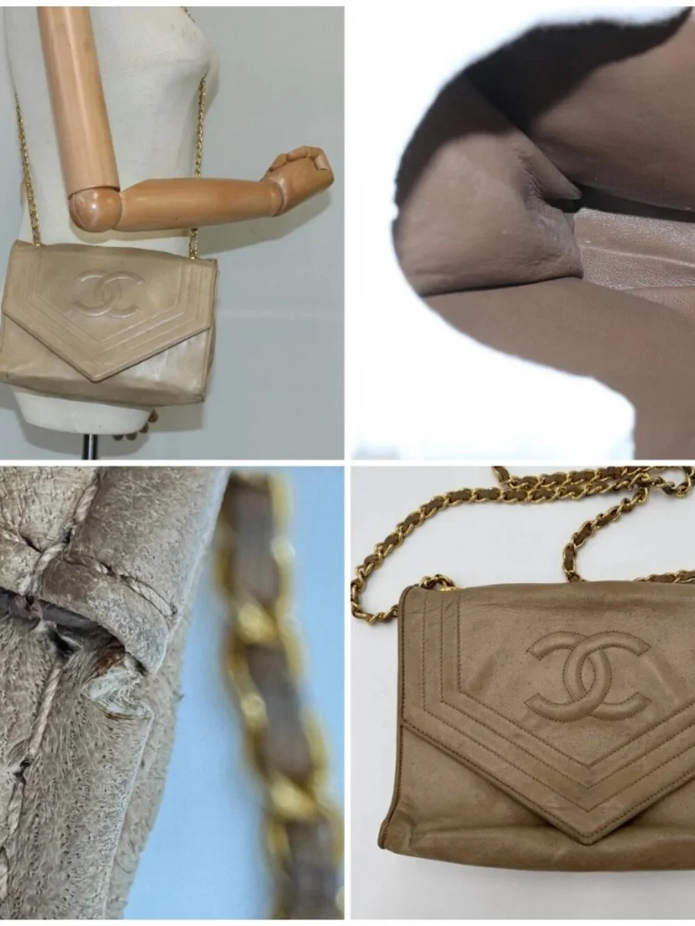 CHANEL Chain Shoulder Bag Lamb Skin Beige Gold CC Auth bs19652