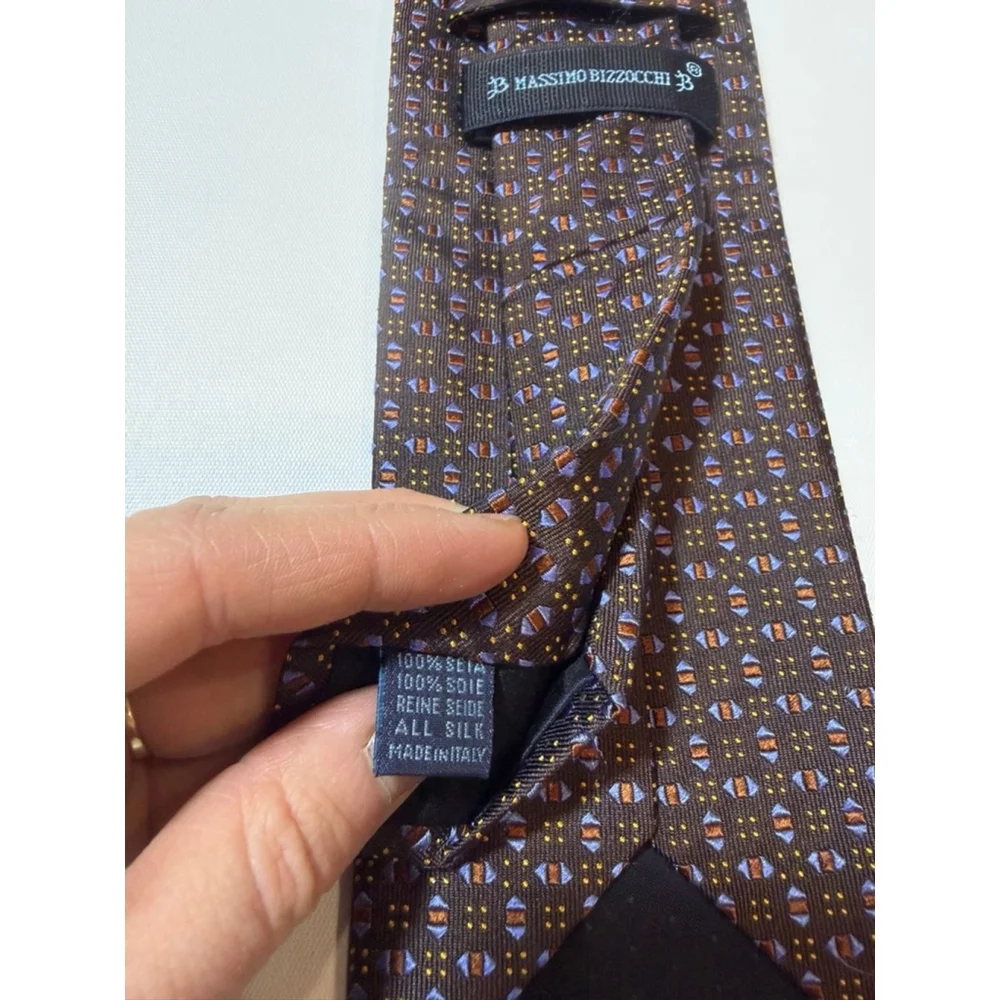 Massimo Bizzochi Silk Tie Italy Brown Blue Geometric Luxury Classic