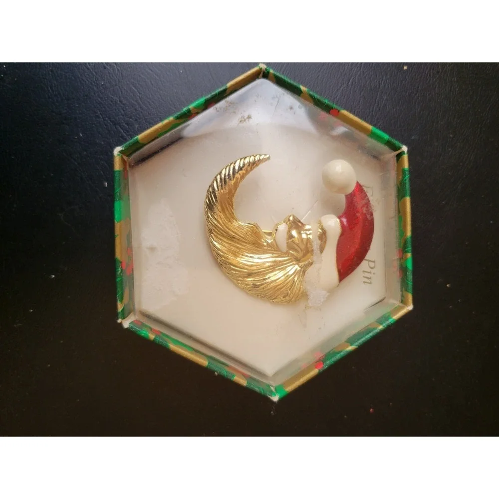 Vintage Santa Claus Face Pin Brooch Christmas Holiday Gold Red White in Box