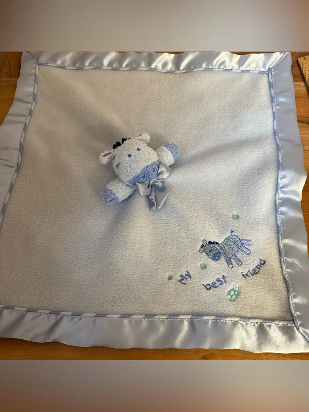 Carters Blue Zebra Lovey Giraffe Child of Mine Blanket Rattle Satin BEST FRIEND