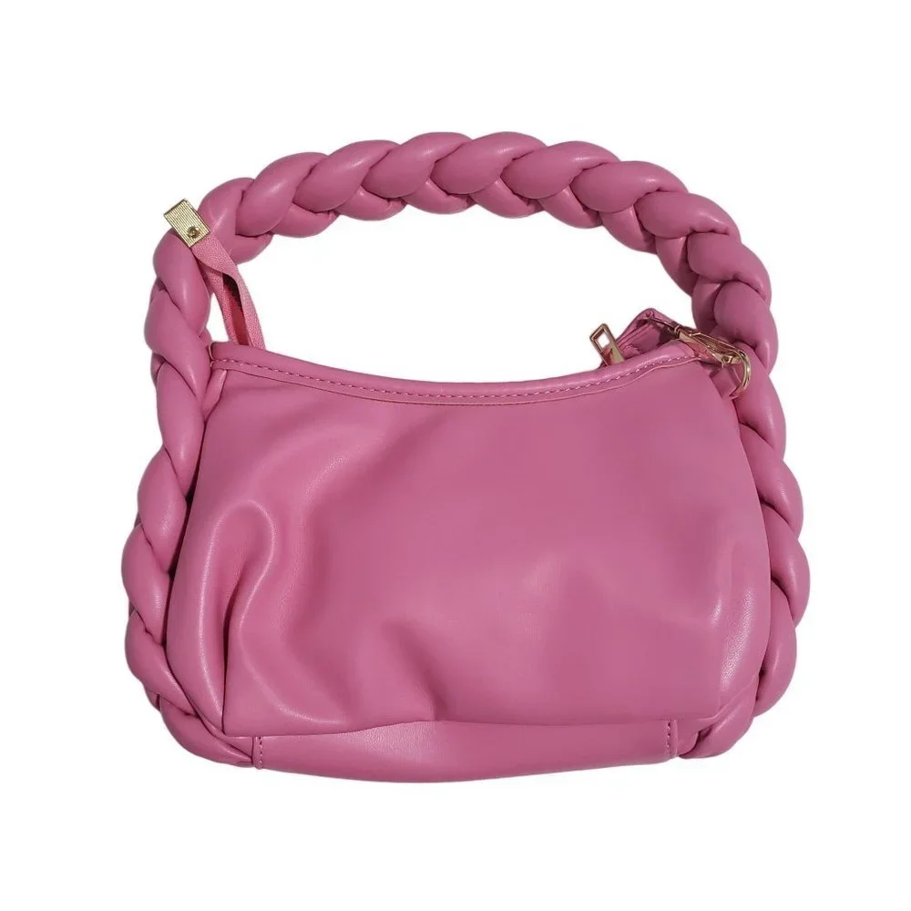 New Braided Handle Vegan Leather Hobo Bag in Bubblegum Pink‎