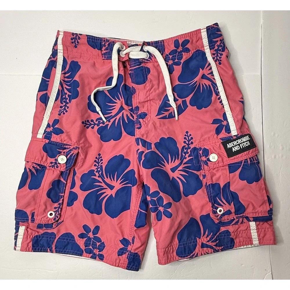 Vtg Abercrombie Fitch Swim Trunks Mens M Pink Blue Floral Hawaiian‎ Lined Preppy