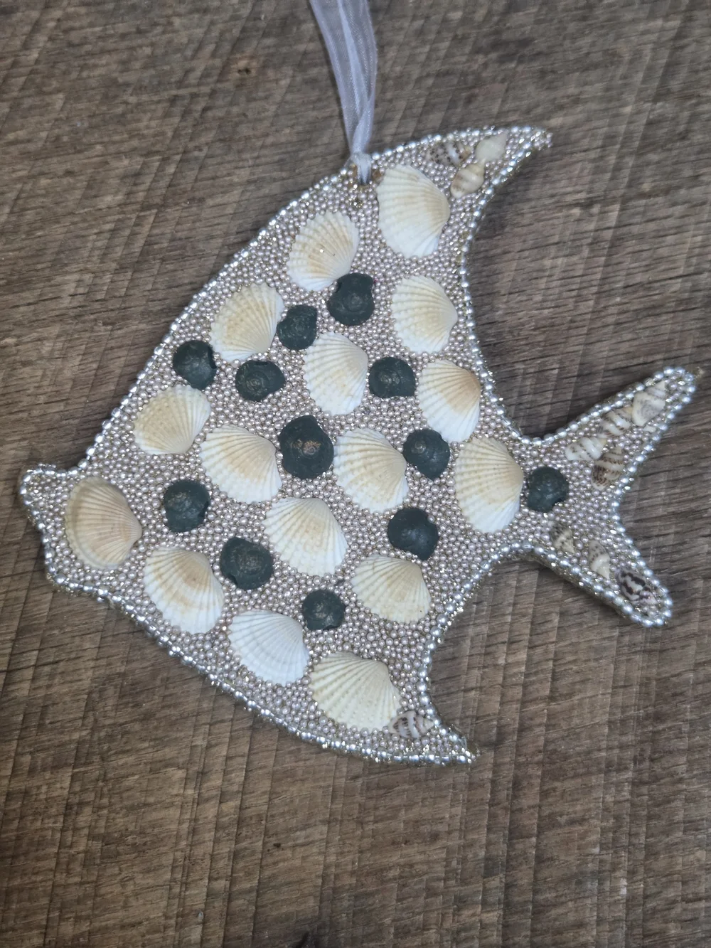 Seashell Fish Hanging Ornament - White & Green Accent