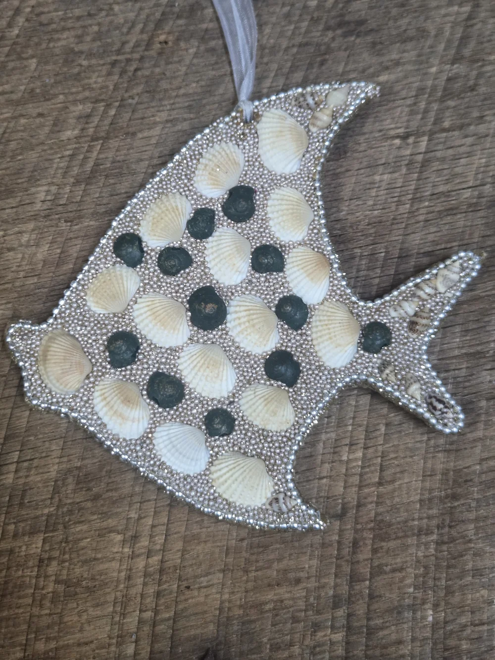 Seashell Fish Hanging Ornament - White & Green Accent