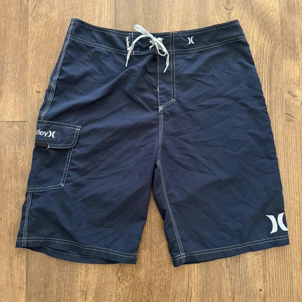 Hurley Board Shorts Mens 33 Navy Blue Contrast Stitch Cargo Pocket Surf Beach