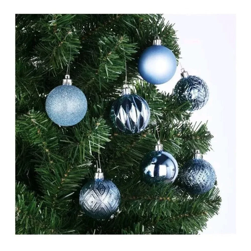 Holiday Time 26 Shatterproof Ornaments Round Sky Blue with 7 Different Designs
