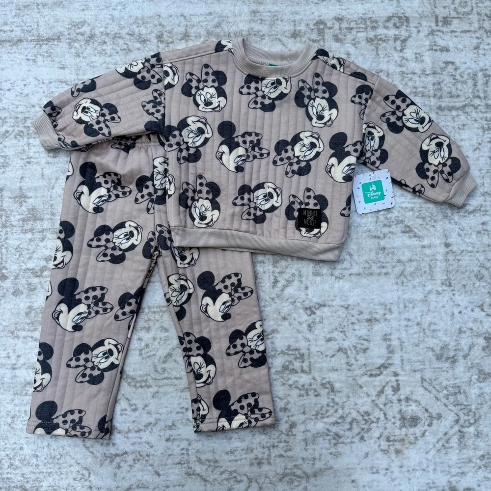 Disney Baby Minnie Mouse 2-Piece Quilted Set 24M Tan Black Sweatshirt Joggers