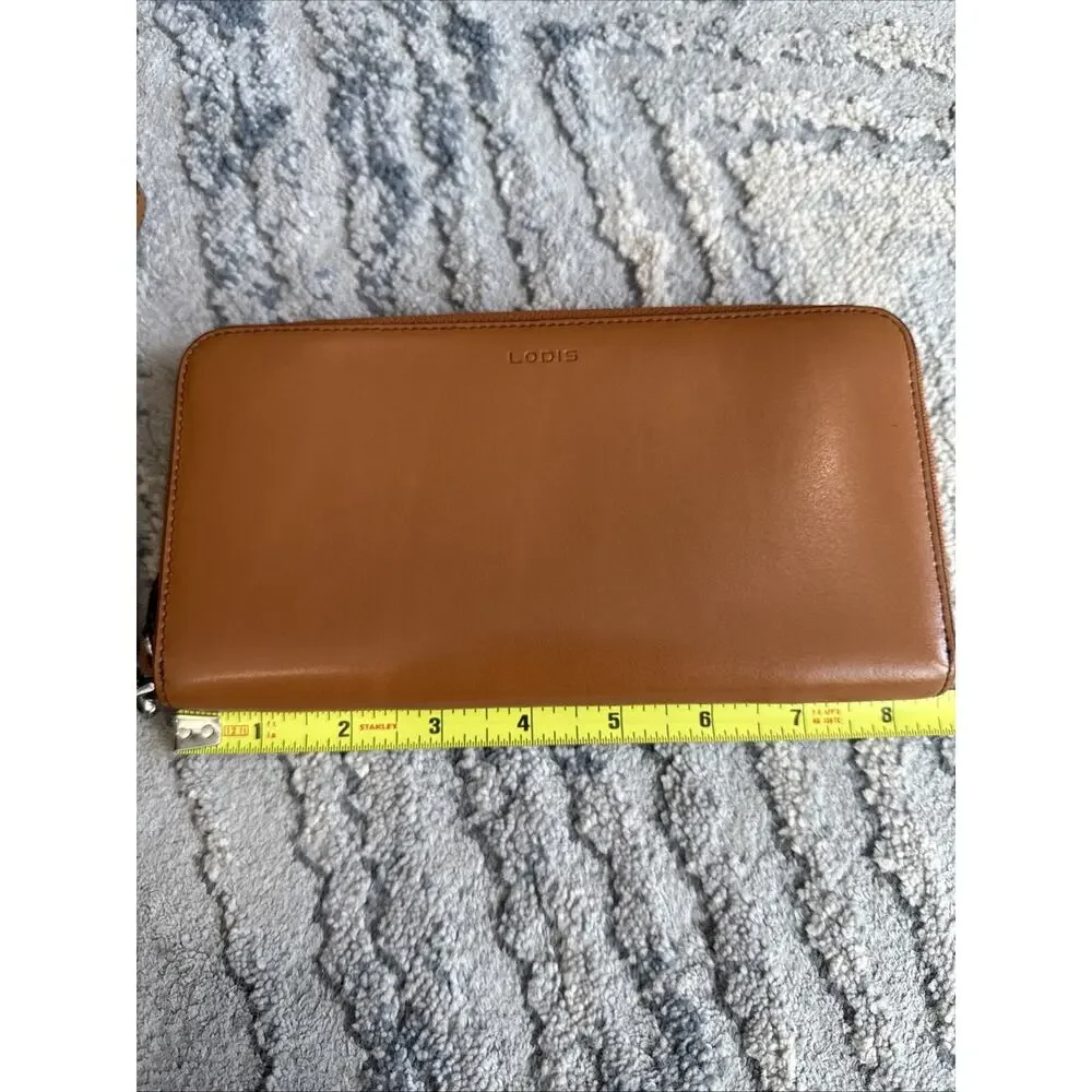 LODIS Tan Leather Zip Around Wristlet Clutch Wallet