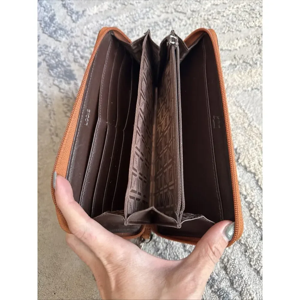 LODIS Tan Leather Zip Around Wristlet Clutch Wallet