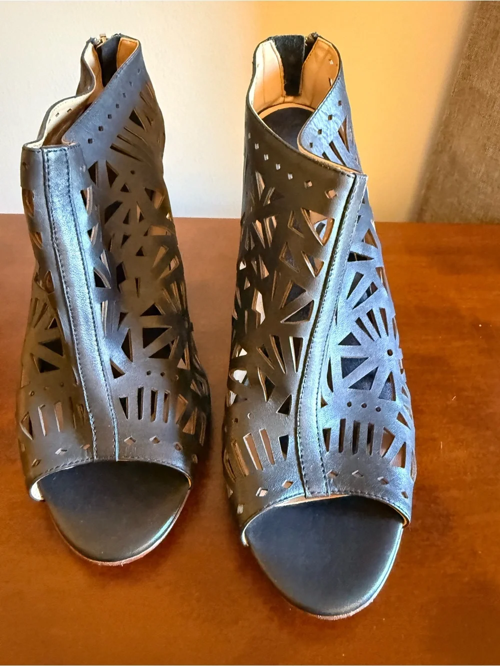 Nicole Miller Black Laser-Cut Peep-Toe Mules