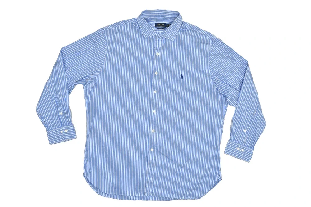 Polo Ralph Lauren Mens 18 34/35 Slim Fit Blue White Striped Dress Shirt Long Sle