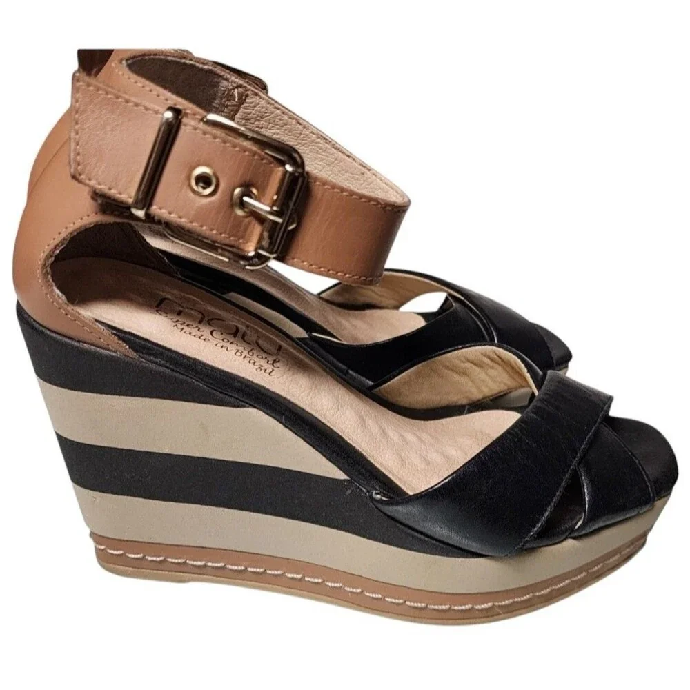 MALU Wedges Size 5 Leather Comfort Made in Brazil Striped Platform