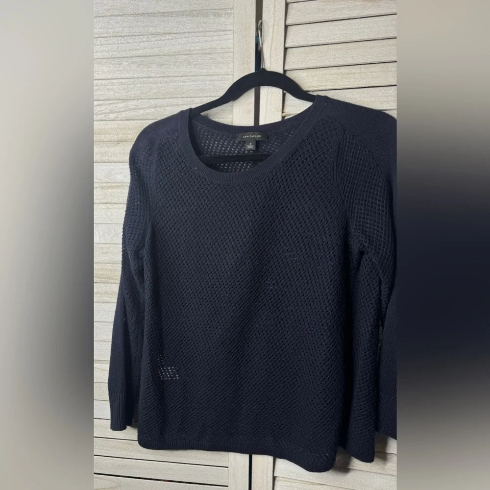 Ann Taylor Navy Open Knit Sweater Small Lightweight Coastal Chic Fisherman