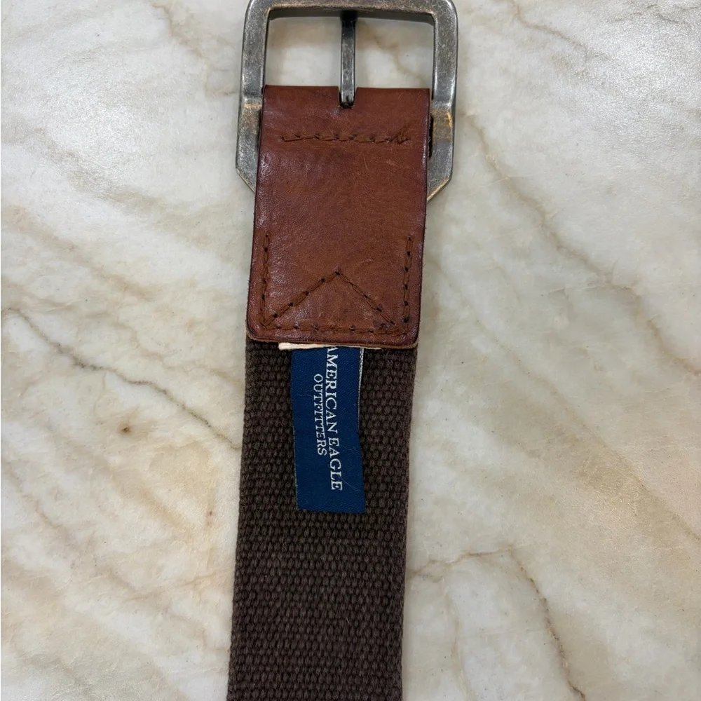 American Eagle Outfitters Men’s Brown Canvas Belt with White Logo