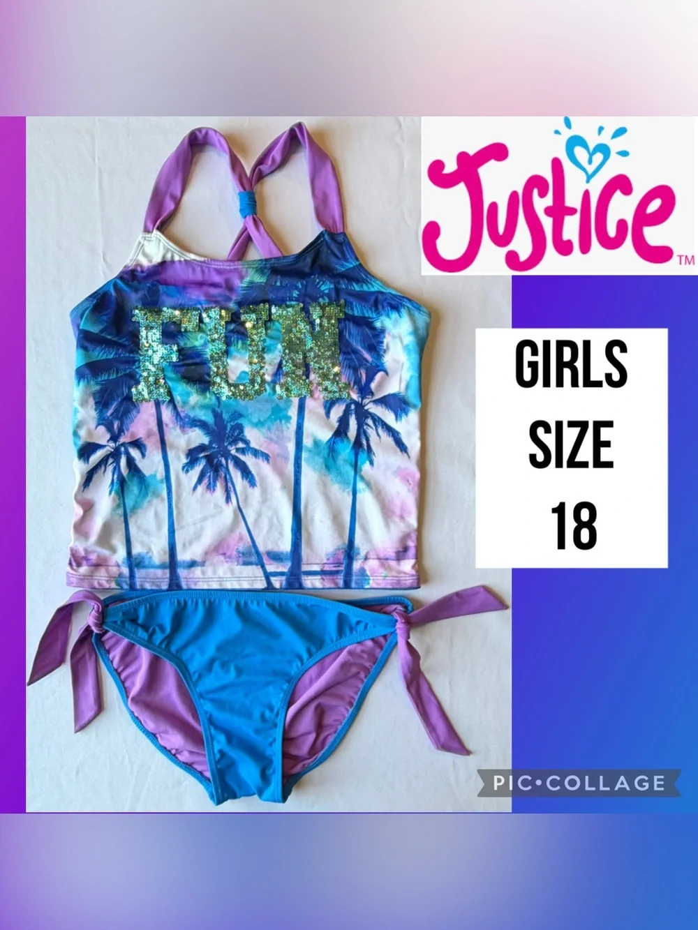 Justice Girls Swimsuit 2 Piece Blue Purple Palm Trees FUN Sequin Tankini Size 18
