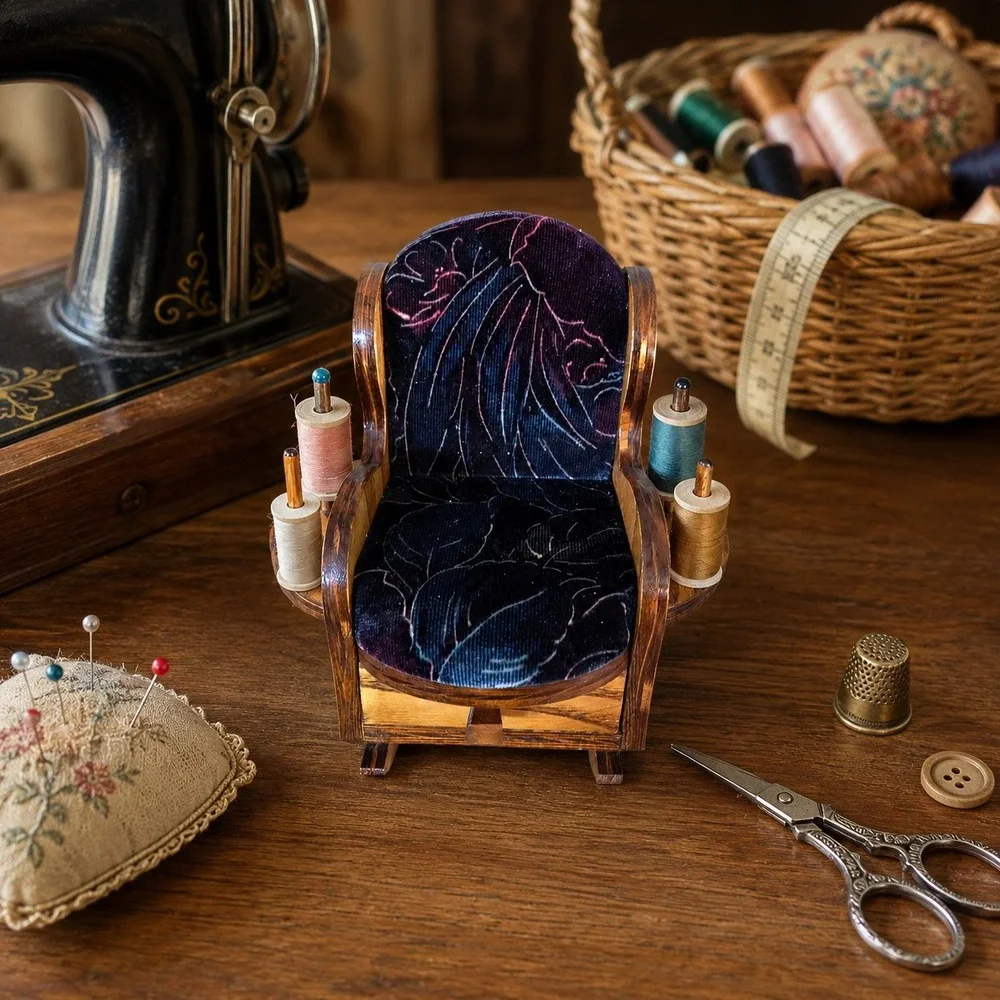 Vintage Wooden Rocking Chair Spool Holder Organizer with Drawer Floral‎ Fabric