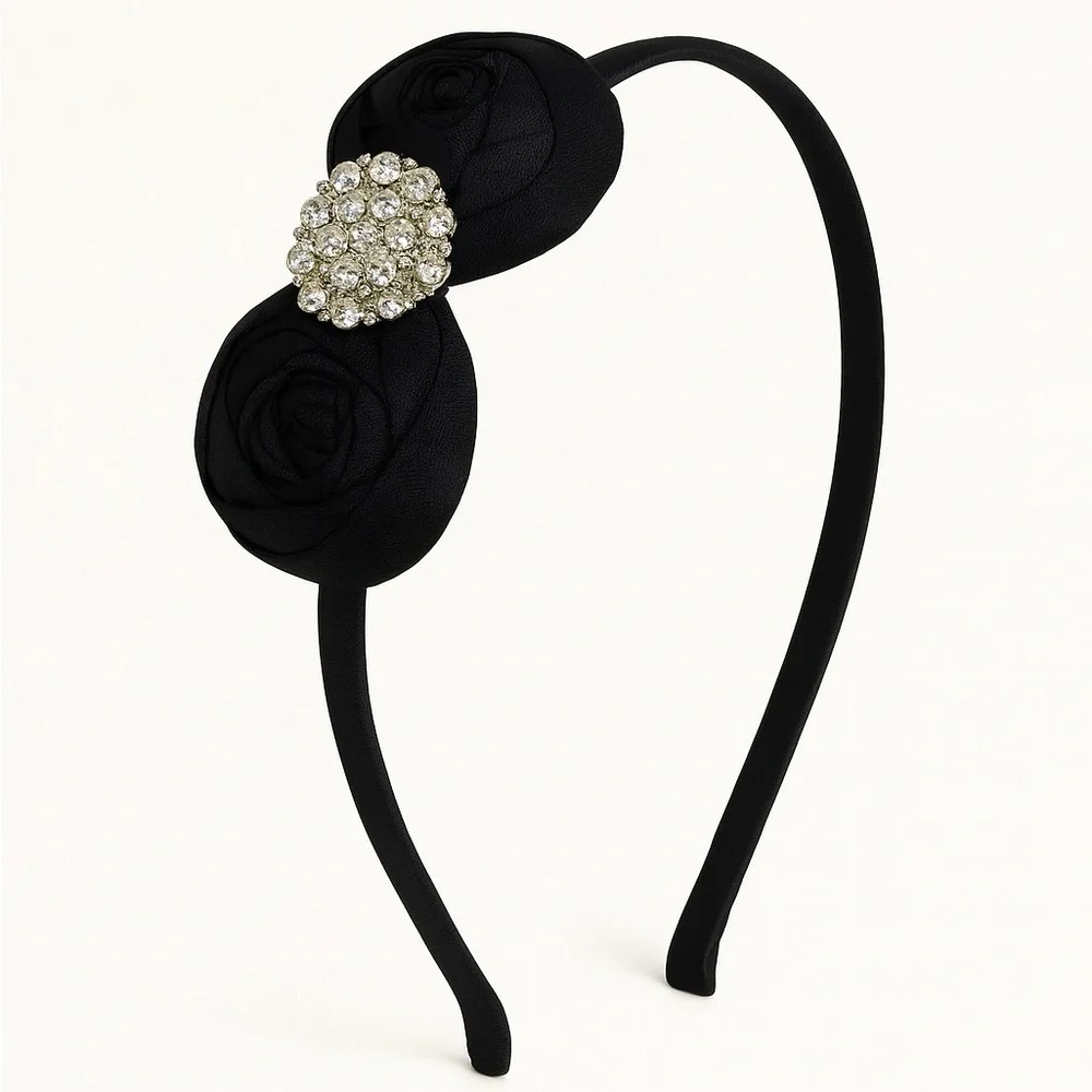 Vintage Silk Rose Headband Black Floral Rhinestone Holiday Hair Accessory