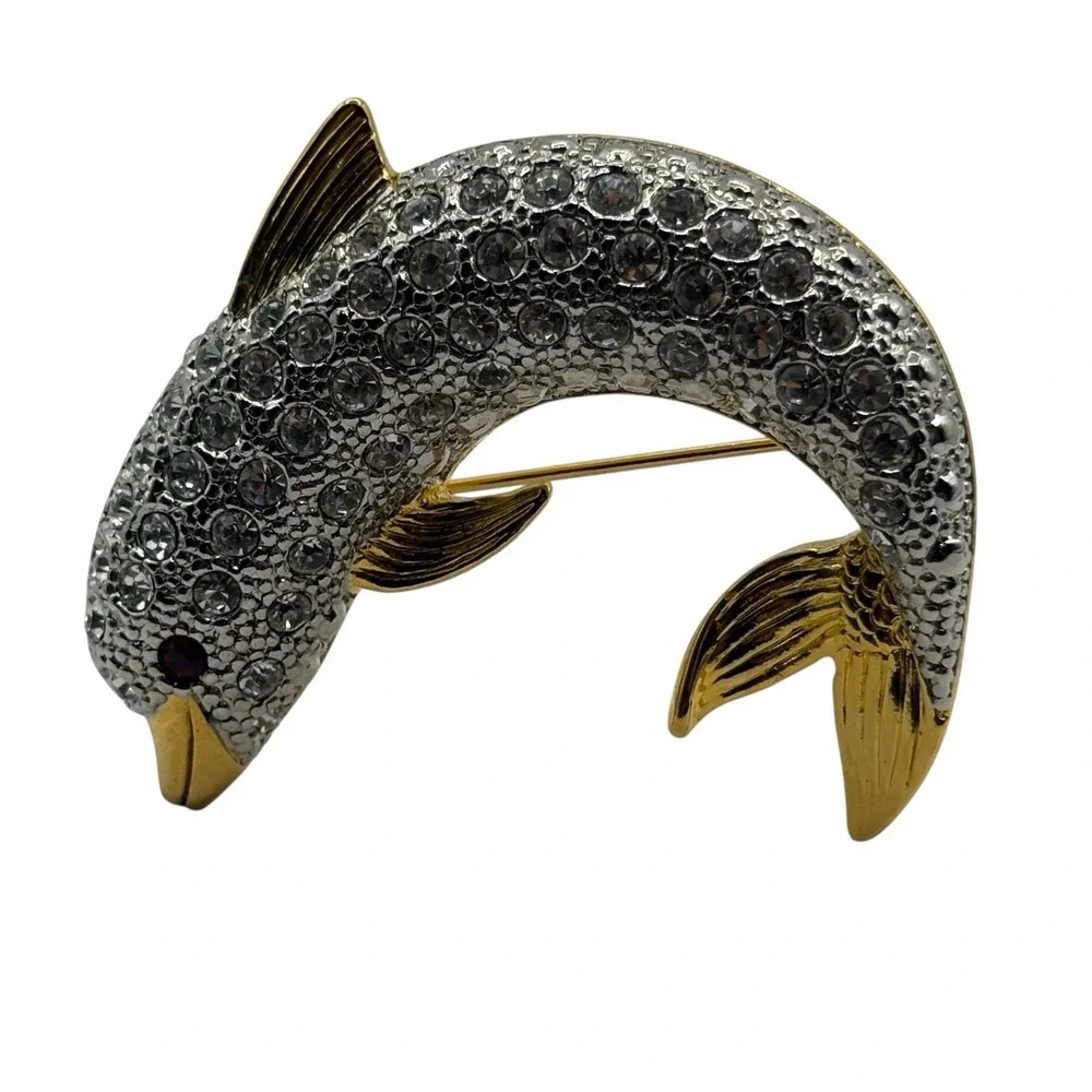 Vtg Dolphin Brooch Pin By P.‎ S. Co. Rhinestone Gold Tone Y2K Dated 2000 Ocean
