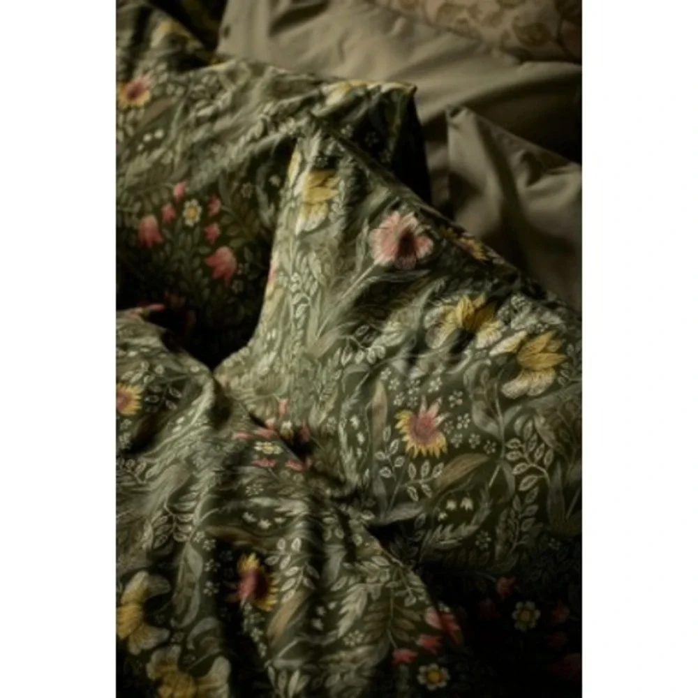 IKEA KARRDUNORT Duvet Cover Green Wildflowers Floral Full Queen Piped Edge