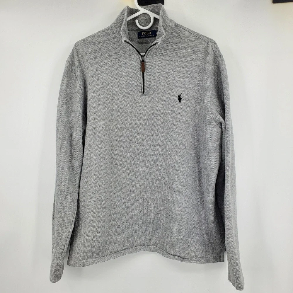 Polo Ralph Lauren Men XL Grey Herringbone Quarter Zip Pullover Sweater Pony Logo