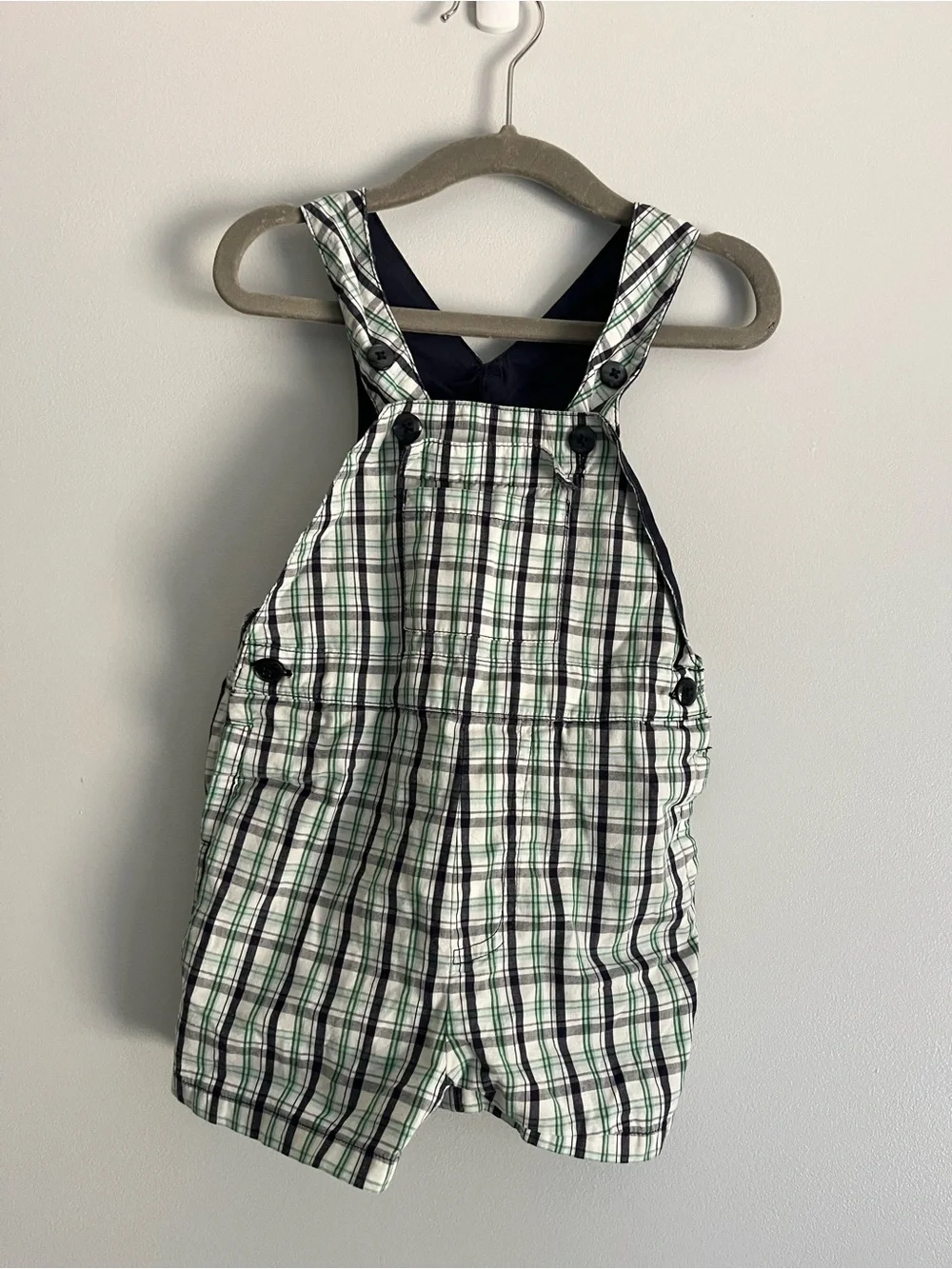 GAP Green, White & Navy Plaid Baby Overalls