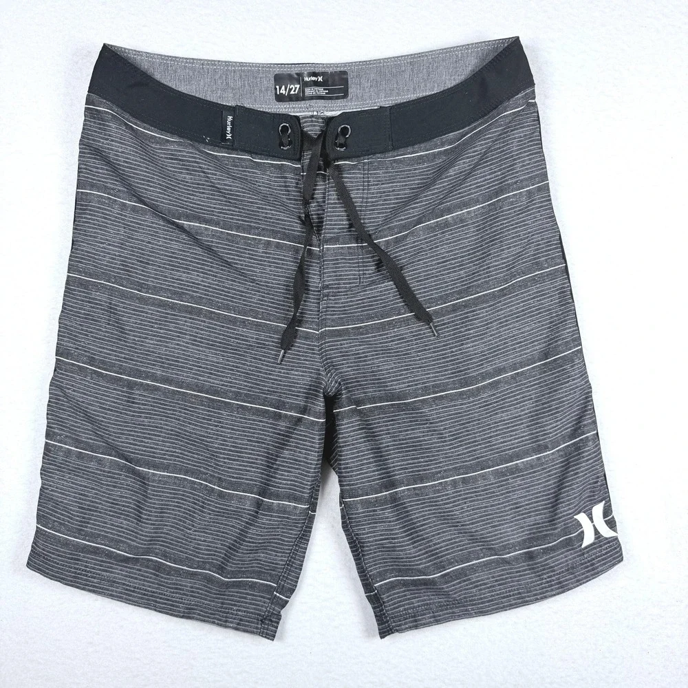 Hurley Boys Board Shorts Gray Black Striped Swim Trunks Size 14/27 Drawstring