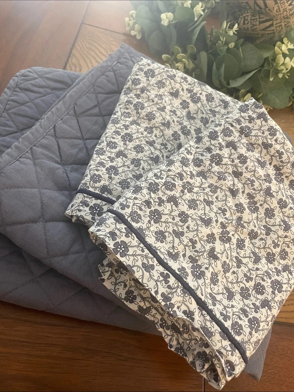 Two Blue Quilted Shams with TwoFloral-Print Shams C13