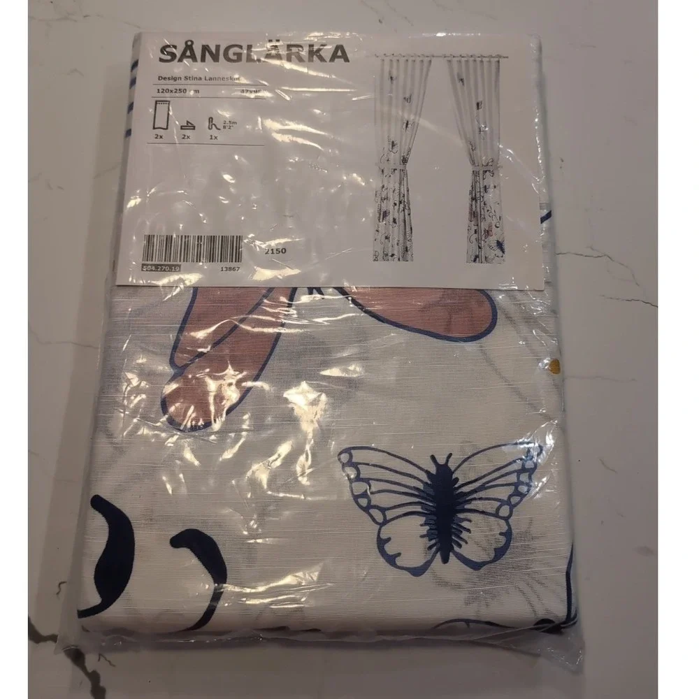 IKEA SANGLARKA Butterfly Curtains 1 Pair White Blue Pink 47x98 504.270.19 NEW