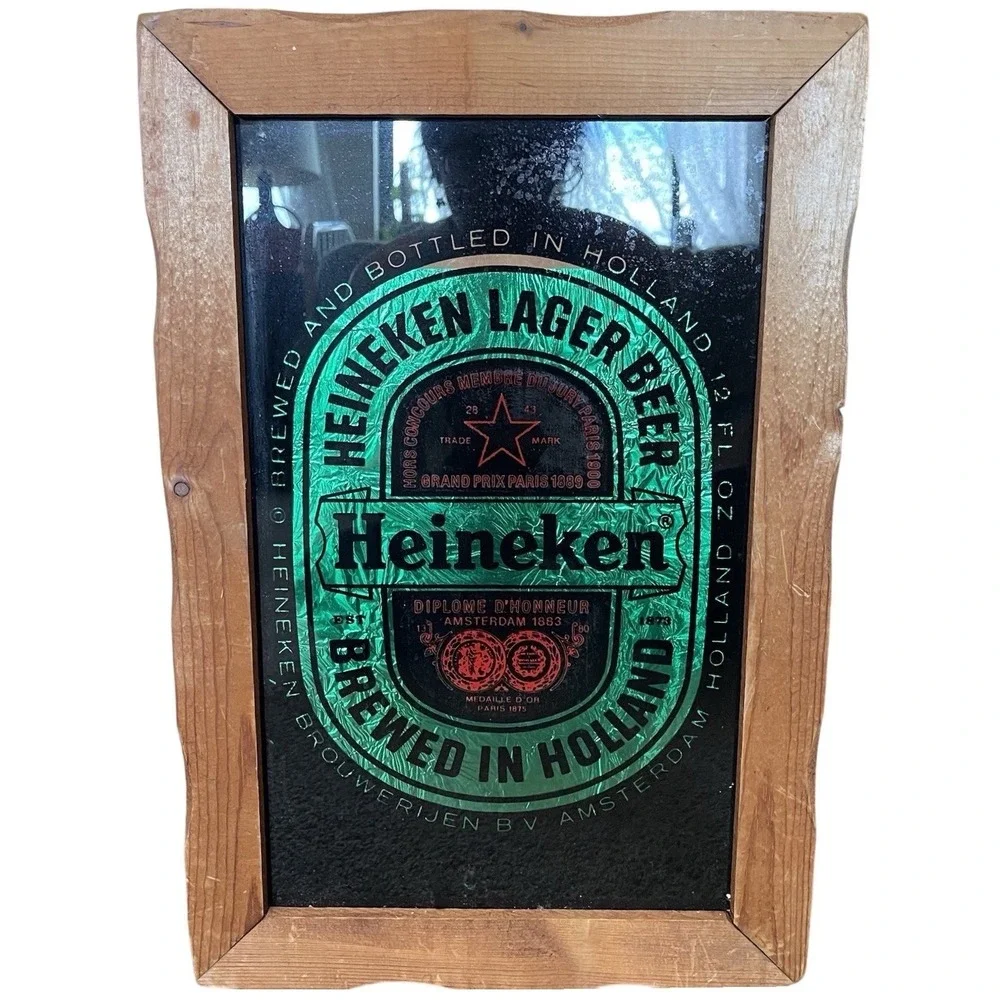 Vtg Imported Heineken Beer Wood Framed Glass Mirror Sign 18x12 Bar Mancave‎ 70s