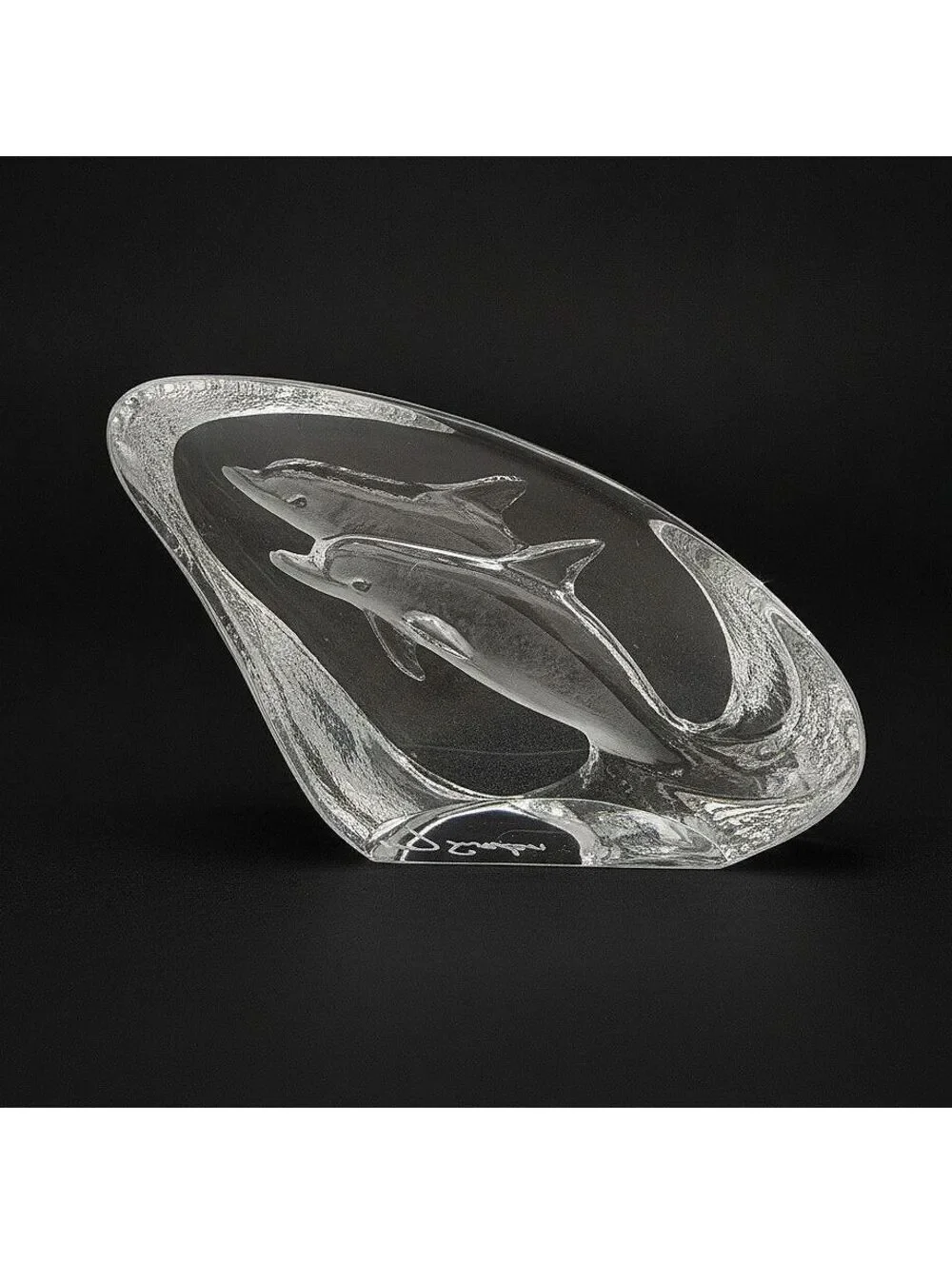 Mats Jonasson Maleras Sweden Crystal Dolphins Sculpture Signed Art Glass 3