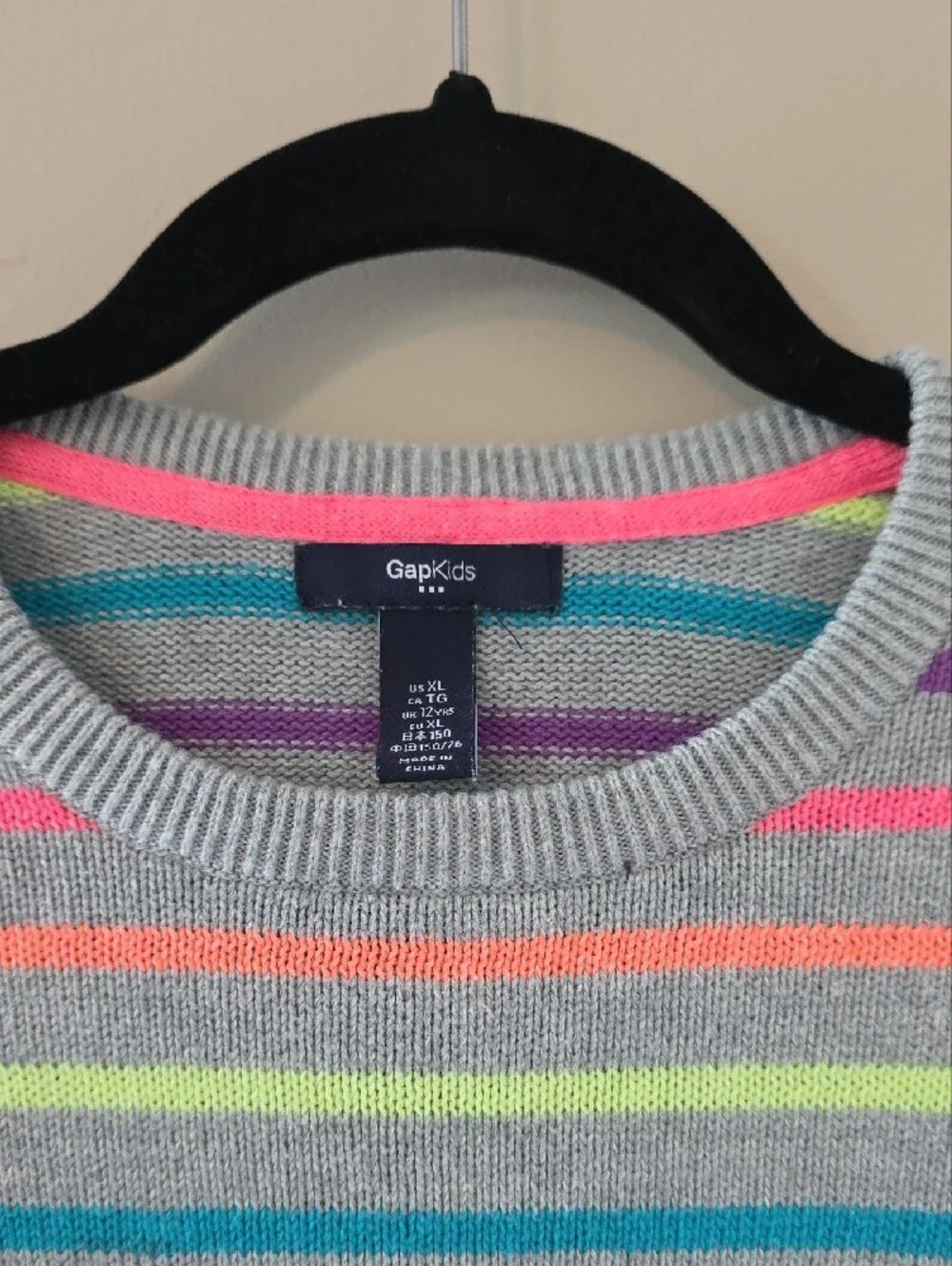 GAP Gray Sweater with Neon Rainbow Stripes