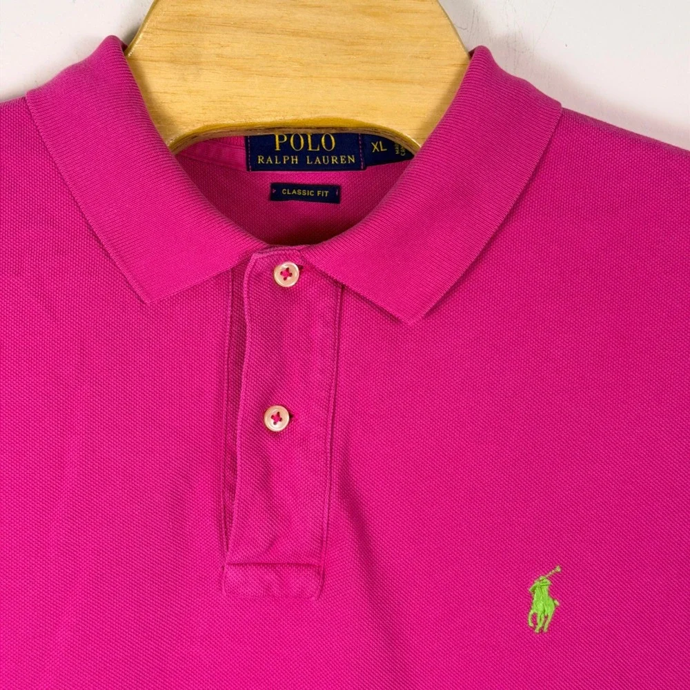 Polo Ralph Lauren Polo Shirt Men XL Pink Classic Fit Cotton Lime Green Pony Prep