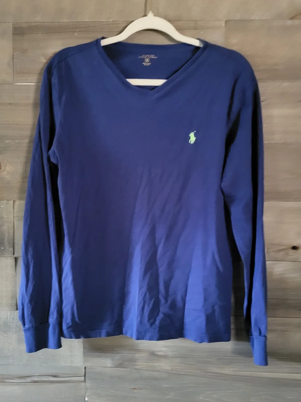 Polo by Ralph Lauren Men’s Long Sleeve V-Neck Shirt Royal Blue with Green Logo S