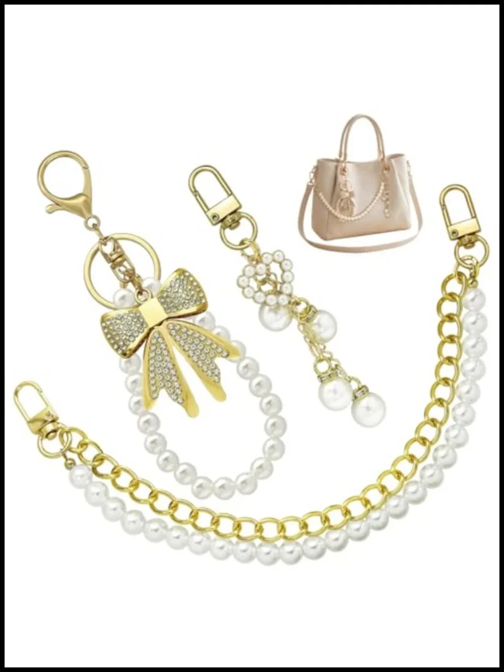 3 Pcs Leopard Pearl Bow Bag Charms Purse Straps Extender Chain Set