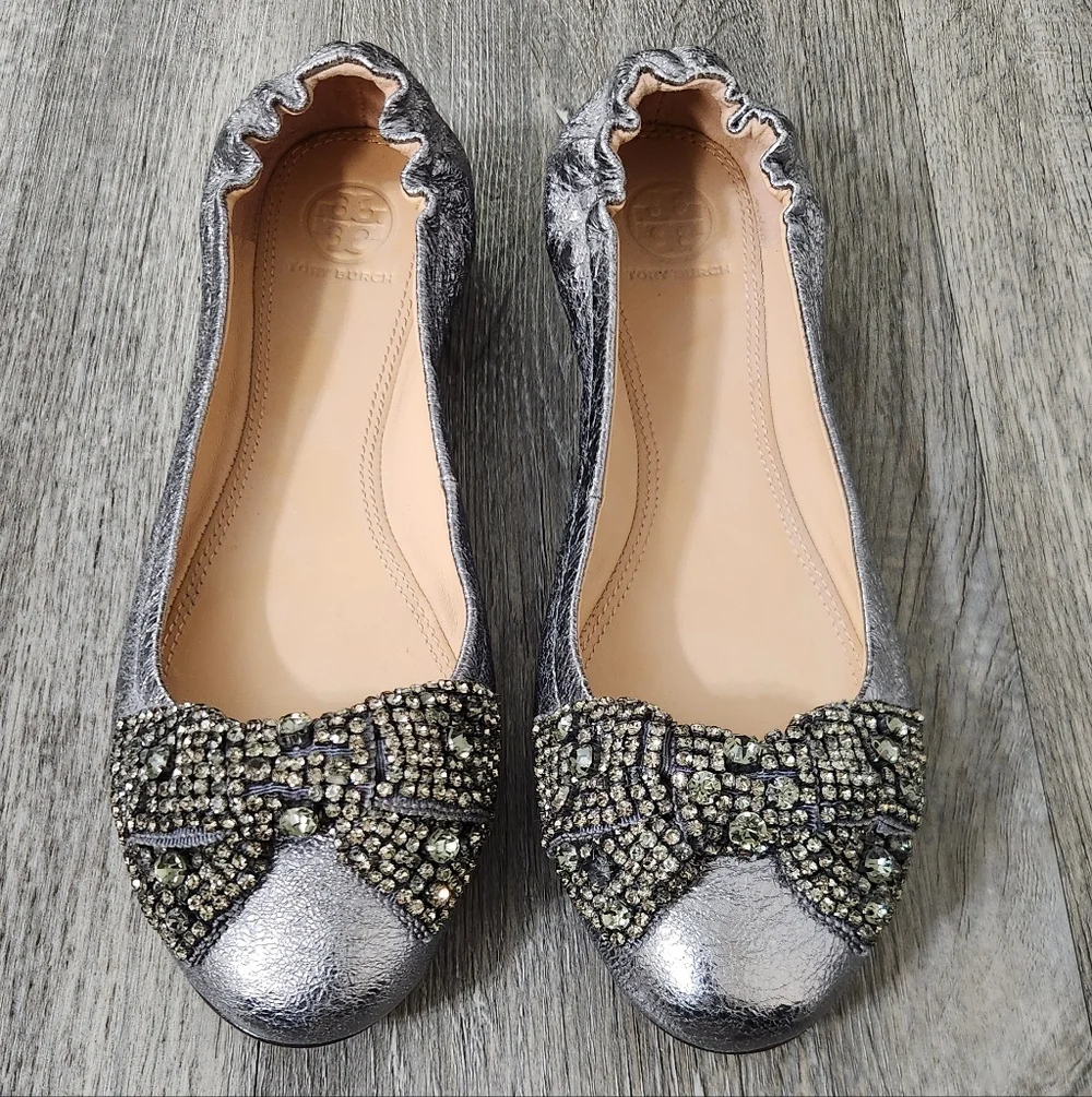 Tory Burch Mettalic Eddie Ballet Flats‎ With Crystal Bow
