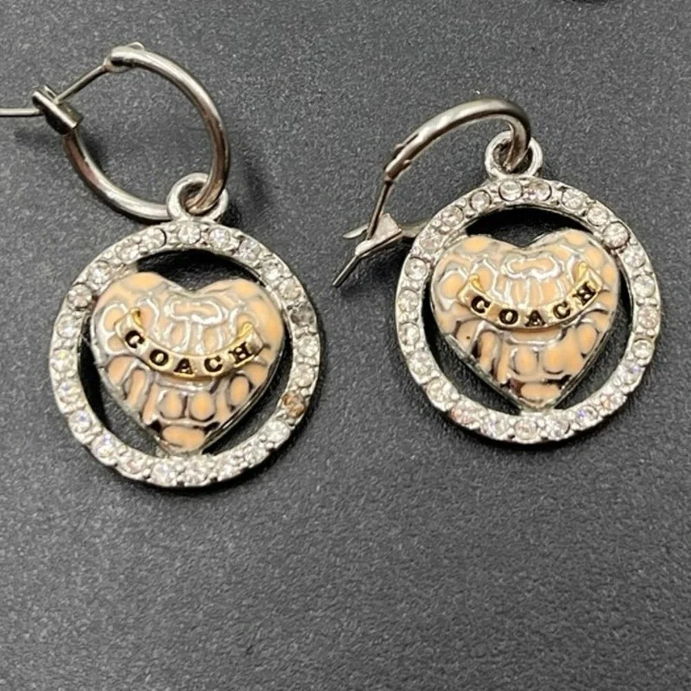 Coach Cream Enamel Logo C's Branded Heart Small Hoop Dangle Earrings