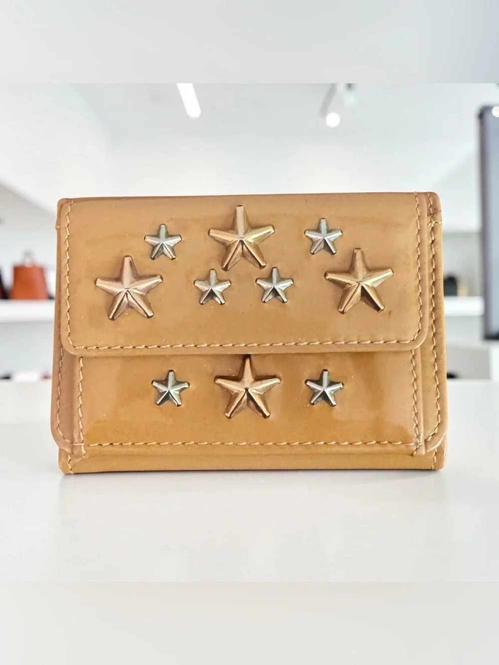 Rare Compact Jimmy Choo Patent Star-Studded Leather Wallet