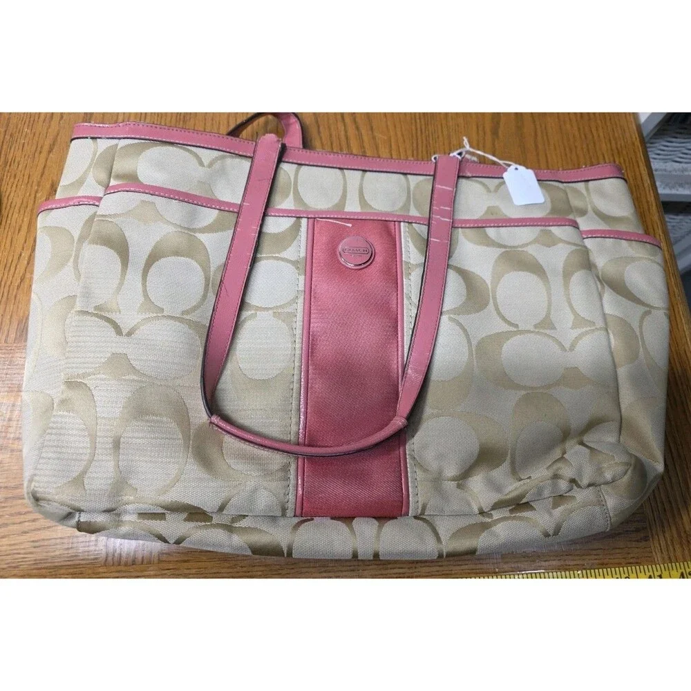 Coach F21865 Signature Stripe Diaper Baby Bag Multifunction Tote Pink Read