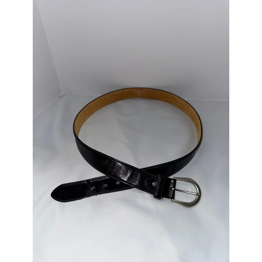 Vintage USA Eagle Embossed Genuine Leather Belt Black Silver Buckle Size 44 9625
