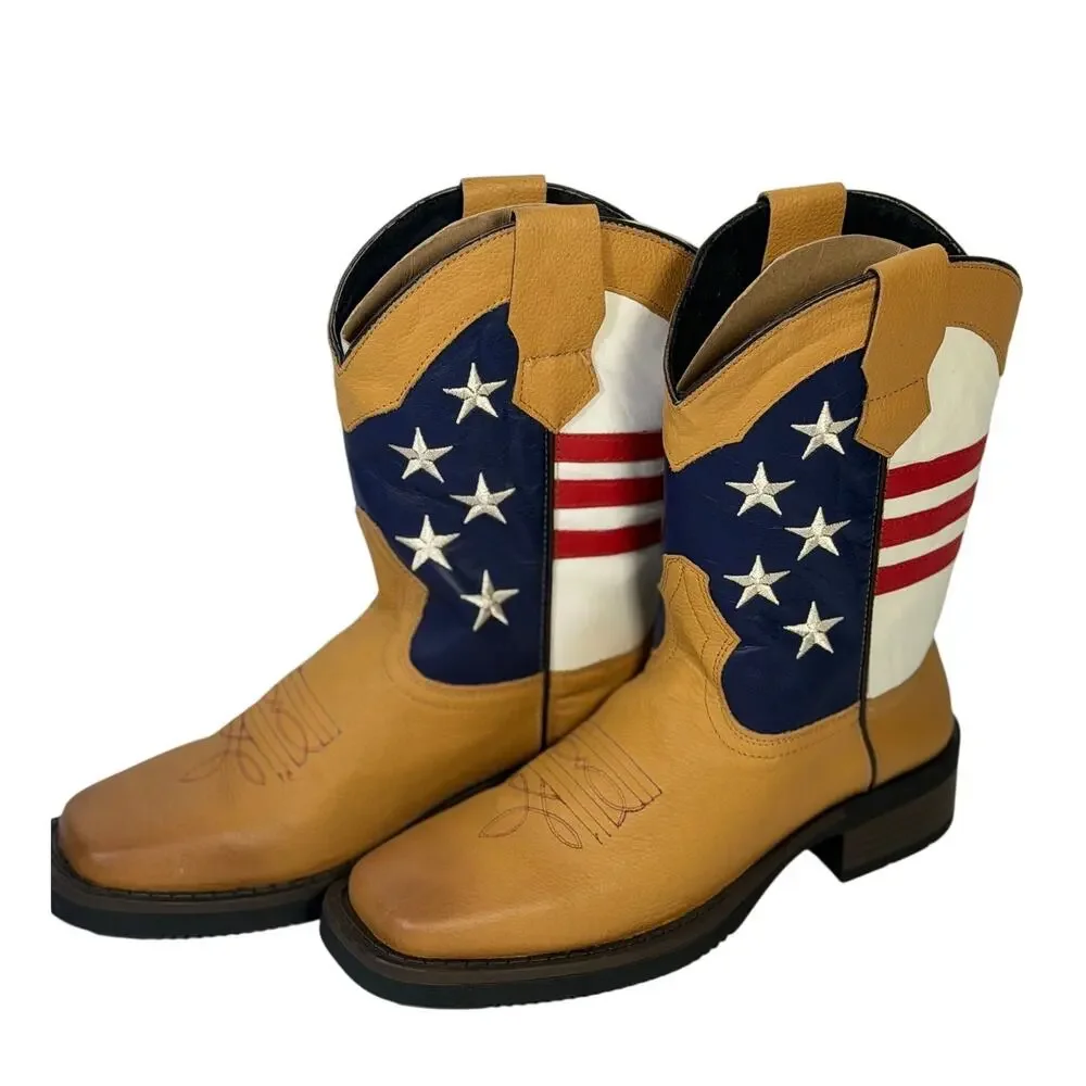 Patriotic American Flag Western Cowboy Boots Youth 5.5M Tan Leather NWT